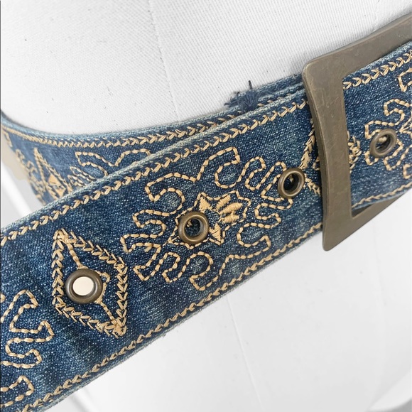 Vintage Retro Gold Embroidered Denim Blue Boho Fashion Belt - Picture 5 of 6